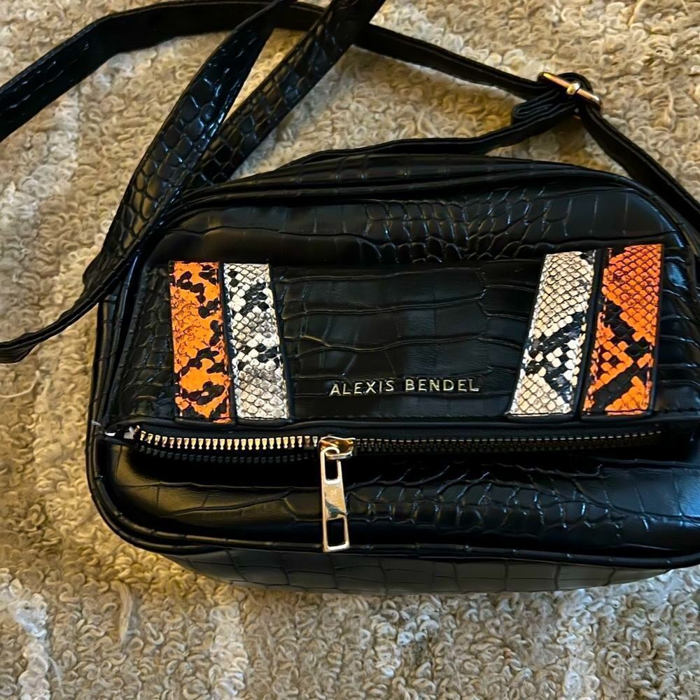 Alexis Bendel Black Croc Crossbody Bag with Orange and White Accents